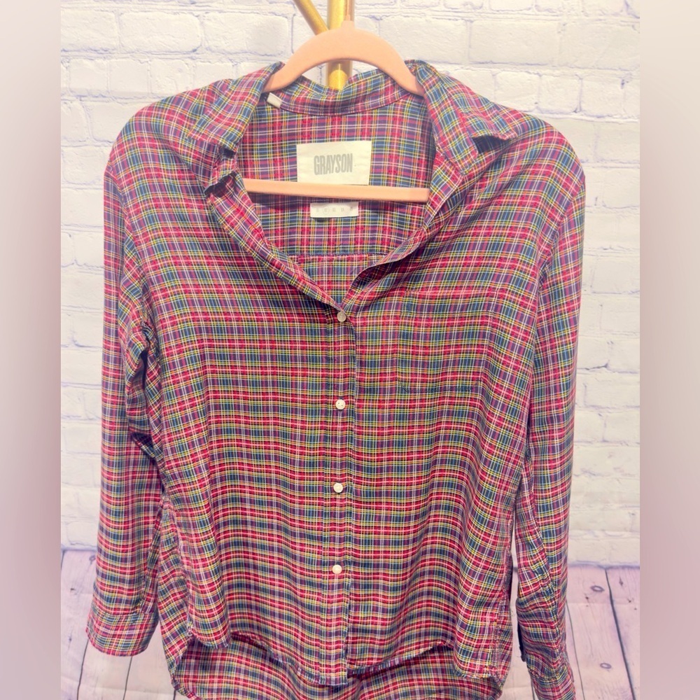 Grayson The Hero Button Down Plaid Red Navy White Yellow Size 2 Like New!